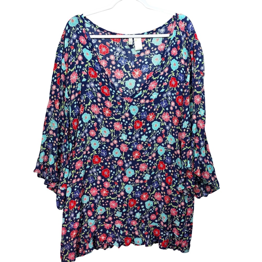 Anne Cole Floral Swim Cover Up Top Navy Blue Red Vneck Bell Sleeve L XL Beach